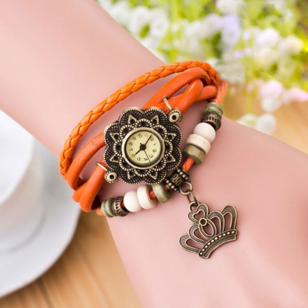 Relógios Feminino Pulseira De Couro Com Pingente Laranja