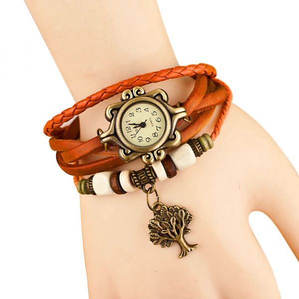 Relógios Feminino Pulseira De Couro Com Pingente Laranja